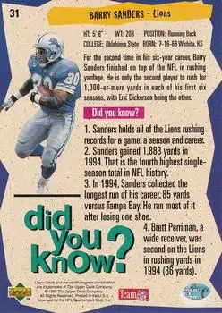 1995 Collector's Choice #31 - Barry Sanders - Detroit Lions - Back