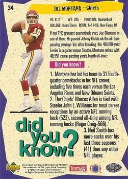 1995 Collector's Choice #34 - Joe Montana - Kansas City Chiefs - Back