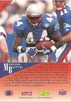 1995 Classic NFL Experience #63 - Marion Butts - New England Patriots