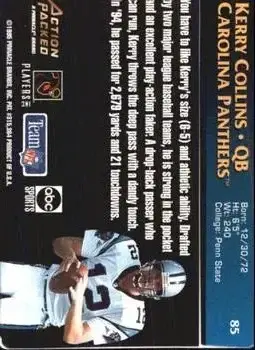 1995 Action Packed Monday Night Football #85 - Kerry Collins - Carolina Panthers - Back