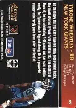 1995 Action Packed Monday Night Football #89 - Tyrone Wheatley - New York Giants - Back