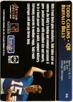 1995 Action Packed Monday Night Football #94 - Todd Collins - Buffalo Bills - Back