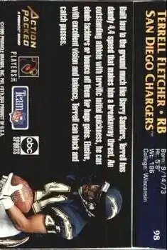 1995 Action Packed Monday Night Football #98 - Terrell Fletcher - San Diego Chargers - Back