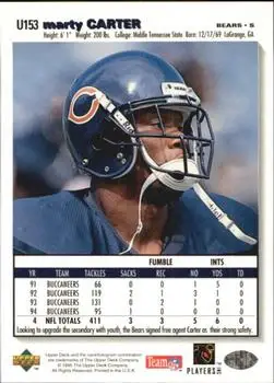 1995 Collector's Choice Update #U153 - Marty Carter - Chicago Bears - Back