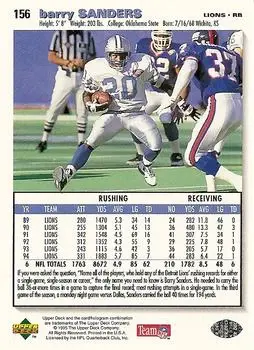 1995 Collector's Choice #156 - Barry Sanders - Detroit Lions - Back 1995 Collector's Choice #156 - Barry Sanders - Detroit Lions - Back