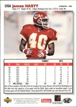 1995 Collector's Choice Update #U164 - James Hasty - Kansas City Chiefs - Back