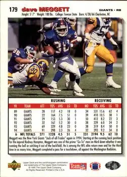 1995 Collector's Choice #179 - Dave Meggett - New England Patriots - Back