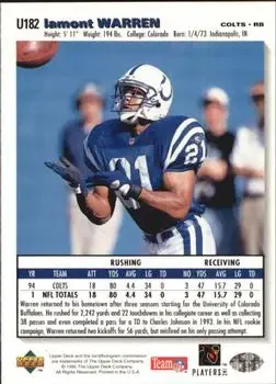 1995 Collector's Choice Update #U182 - Lamont Warren - Indianapolis Colts - Back