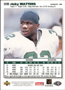1995 Collector's Choice Update #U195 - Ricky Watters - Philadelphia Eagles - Back
