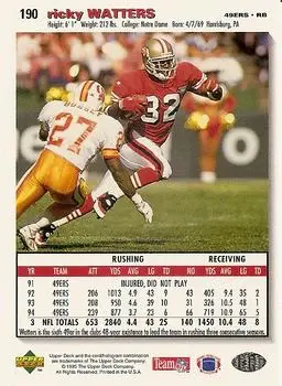 1995 Collector's Choice #190 - Ricky Watters - Philadelphia Eagles - Back 1995 Collector's Choice #190 - Ricky Watters - Philadelphia Eagles - Back