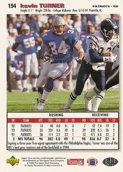 1995 Collector's Choice #194 - Kevin Turner - Philadelphia Eagles - Back