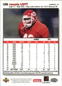 1995 Collector's Choice Update #U206 - Ronnie Lott - Kansas City Chiefs - Back