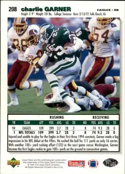 1995 Collector's Choice #208 - Charlie Garner - Philadelphia Eagles - Back 1995 Collector's Choice #208 - Charlie Garner - Philadelphia Eagles - Back