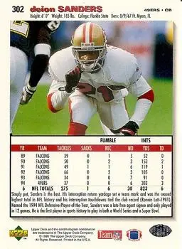 1995 Collector's Choice #302 - Deion Sanders - San Francisco 49ers - Back