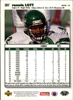 1995 Collector's Choice #307 - Ronnie Lott - New York Jets - Back