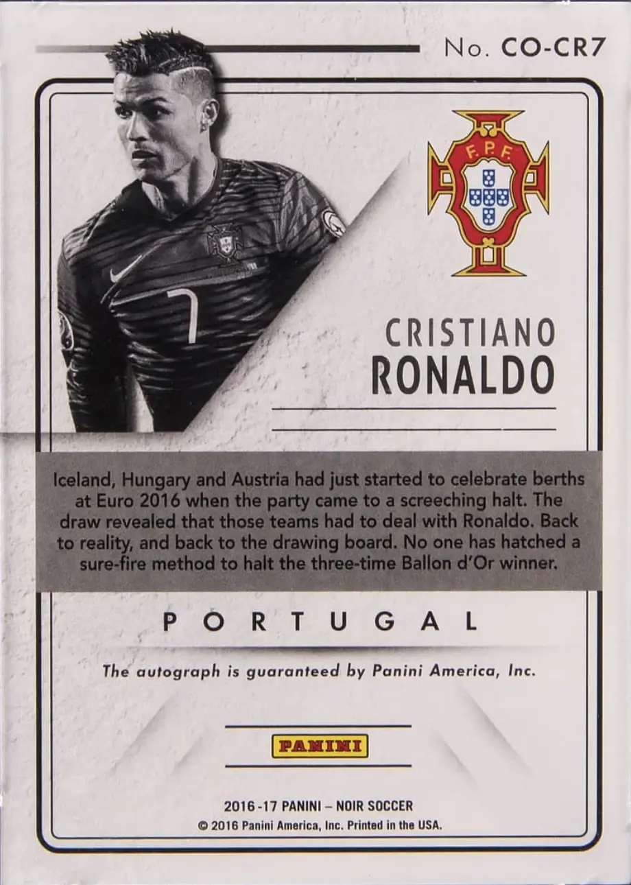 2016-17 Panini Noir - Country Signatures Platinum #CO-CR7 - Cristiano Ronaldo - Portugal - Back 2016-17 Panini Noir - Country Signatures Platinum #CO-CR7 - Cristiano Ronaldo - Portugal - Back