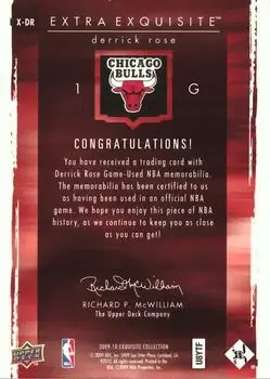 2009-10 Upper Deck Exquisite Collection - Extra Exquisite Jerseys Gold #X-DR - Derrick Rose - Chicago Bulls - Back 2009-10 Upper Deck Exquisite Collection - Extra Exquisite Jerseys Gold #X-DR - Derrick Rose - Chicago Bulls - Back