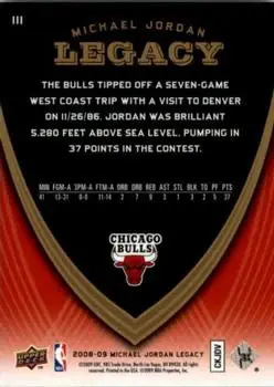 2008-09 Upper Deck Michael Jordan Legacy Collection #111 - Michael Jordan - Chicago Bulls - Back 2008-09 Upper Deck Michael Jordan Legacy Collection #111 - Michael Jordan - Chicago Bulls - Back