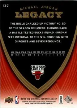 2008-09 Upper Deck Michael Jordan Legacy Collection #137 - Michael Jordan - Chicago Bulls - Back 2008-09 Upper Deck Michael Jordan Legacy Collection #137 - Michael Jordan - Chicago Bulls - Back