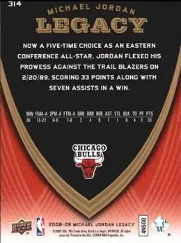 2008-09 Upper Deck Michael Jordan Legacy Collection #314 - Michael Jordan - Chicago Bulls - Back 2008-09 Upper Deck Michael Jordan Legacy Collection #314 - Michael Jordan - Chicago Bulls - Back