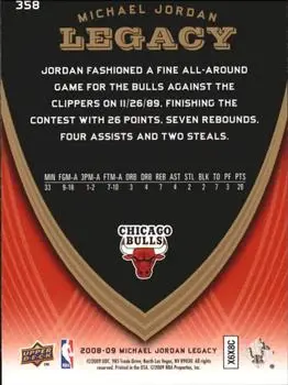 2008-09 Upper Deck Michael Jordan Legacy Collection #358 - Michael Jordan - Chicago Bulls - Back 2008-09 Upper Deck Michael Jordan Legacy Collection #358 - Michael Jordan - Chicago Bulls - Back