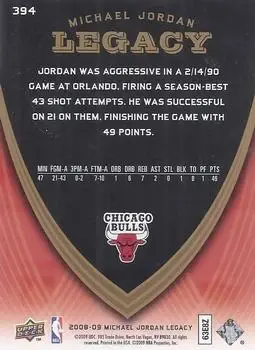 2008-09 Upper Deck Michael Jordan Legacy Collection #394 - Michael Jordan - Chicago Bulls - Back 2008-09 Upper Deck Michael Jordan Legacy Collection #394 - Michael Jordan - Chicago Bulls - Back