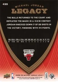 2008-09 Upper Deck Michael Jordan Legacy Collection #499 - Michael Jordan - Chicago Bulls - Back 2008-09 Upper Deck Michael Jordan Legacy Collection #499 - Michael Jordan - Chicago Bulls - Back