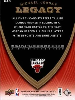2008-09 Upper Deck Michael Jordan Legacy Collection #645 - Michael Jordan - Chicago Bulls - Back 2008-09 Upper Deck Michael Jordan Legacy Collection #645 - Michael Jordan - Chicago Bulls - Back