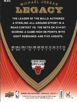 2008-09 Upper Deck Michael Jordan Legacy Collection #830 - Michael Jordan - Chicago Bulls - Back 2008-09 Upper Deck Michael Jordan Legacy Collection #830 - Michael Jordan - Chicago Bulls - Back