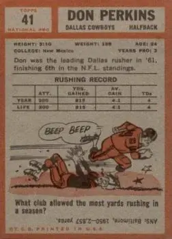 1962 Topps #41 - Don Perkins - Dallas Cowboys - Back 1962 Topps #41 - Don Perkins - Dallas Cowboys - Back