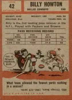 1962 Topps #42 - Bill Howton - Dallas Cowboys - Back