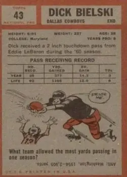 1962 Topps #43 - Dick Bielski - Dallas Cowboys - Back