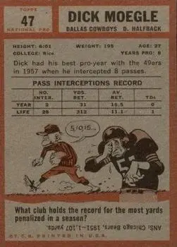 1962 Topps #47 - Dick Moegle - Dallas Cowboys - Back