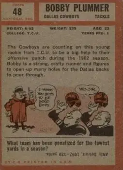 1962 Topps #48 - Bobby Plummer - Dallas Cowboys - Back 1962 Topps #48 - Bobby Plummer - Dallas Cowboys - Back