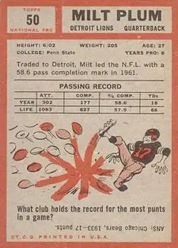 1962 Topps #50 - Milt Plum - Detroit Lions - Back