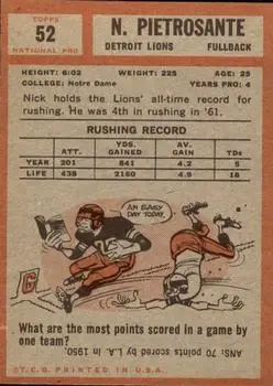 1962 Topps #52 - Nick Pietrosante - Detroit Lions - Back 1962 Topps #52 - Nick Pietrosante - Detroit Lions - Back