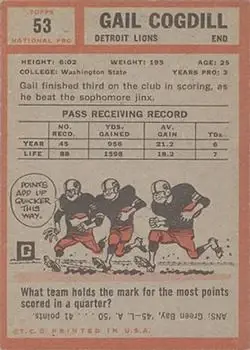 1962 Topps #53 - Gail Cogdill - Detroit Lions - Back