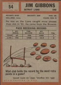 1962 Topps #54 - Jim Gibbons - Detroit Lions - Back