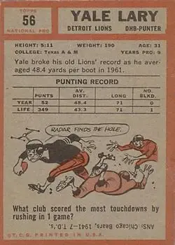 1962 Topps #56 - Yale Lary - Detroit Lions - Back