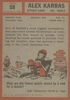 1962 Topps #58 - Alex Karras - Detroit Lions - Back