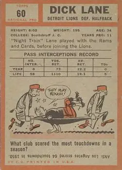 1962 Topps #60 - Richard Lane - Detroit Lions - Back