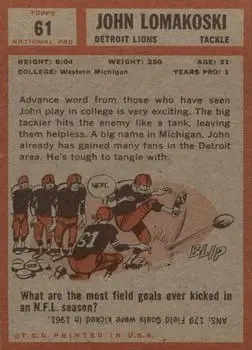 1962 Topps #61 - John Lomakoski - Detroit Lions - Back 1962 Topps #61 - John Lomakoski - Detroit Lions - Back
