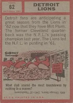 1962 Topps #62 - Card #62 - Detroit Lions - Back