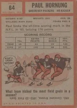 1962 Topps #64 - Paul Hornung - Green Bay Packers - Back