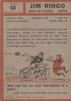 1962 Topps #68 - Jim Ringo - Green Bay Packers - Back 1962 Topps #68 - Jim Ringo - Green Bay Packers - Back
