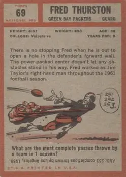 1962 Topps #69 - Fred Thurston - Green Bay Packers - Back
