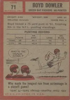 1962 Topps #71 - Boyd Dowler - Green Bay Packers - Back