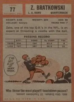 1962 Topps #77 - Zeke Bratkowski - Los Angeles Rams - Back