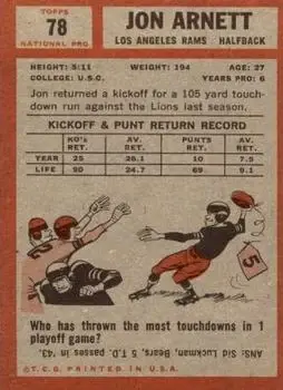 1962 Topps #78 - Jon Arnett - Los Angeles Rams - Back 1962 Topps #78 - Jon Arnett - Los Angeles Rams - Back
