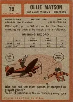 1962 Topps #79 - Ollie Matson - Los Angeles Rams - Back 1962 Topps #79 - Ollie Matson - Los Angeles Rams - Back